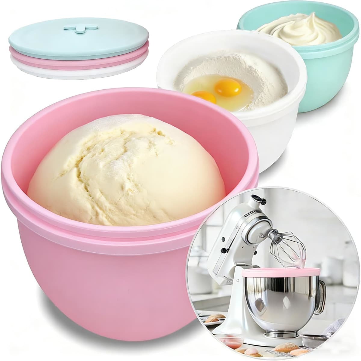 Silicone Bowl Liners for 5 Qt KitchenAid Mixers, 3 Liners with Lids