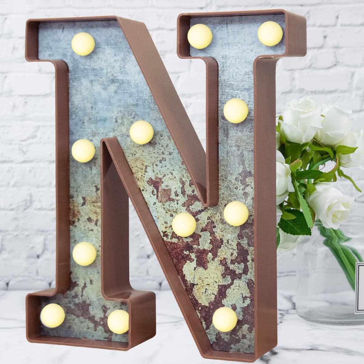 LED Marquee Light Up Letters Industrial Vintage Style Lighted Letters Rust Metal Effect Marquee Letter with Lights Illumination Letter Signs for Christmas Wedding Birthday Party Home Cafe Bar Decor-N