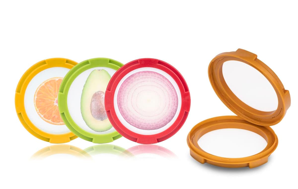 Ortarco 4Pcs Onion Storage Avocado Saver Holder, Lemons Garlic Tomato Peper Fruit Vegetable Container for Fridge (4PCS: Red+Yellow+Brown+Green)