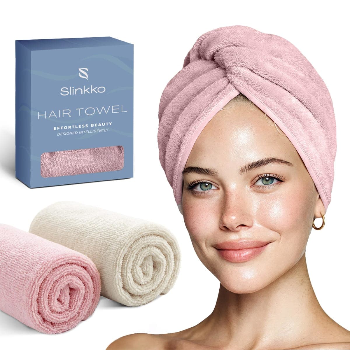 Slinkko Microfiber Hair Towel Wrap (Pink and Beige)