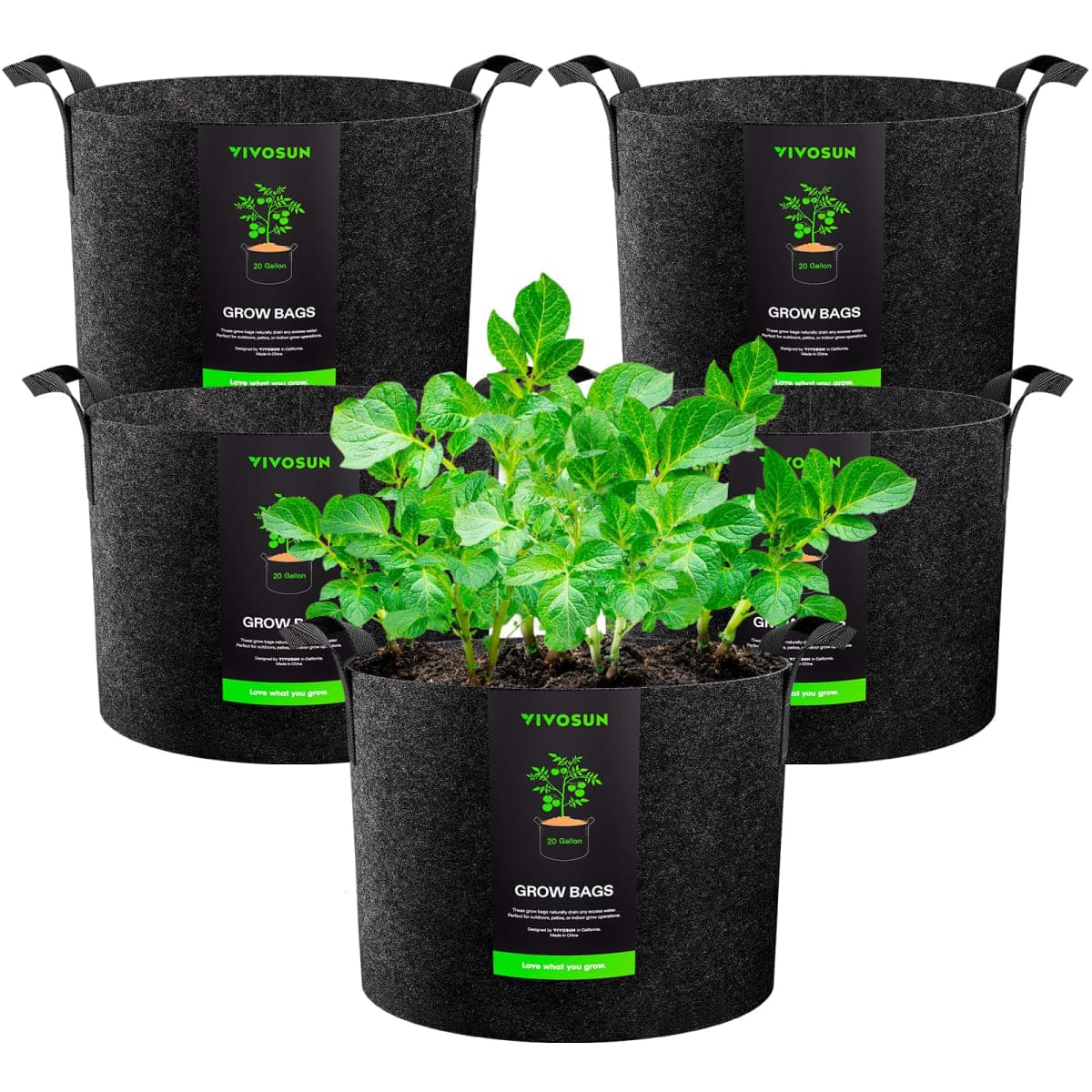 VIVOSUN 5-Pack 20 Gallons Grow Bags Heavy Duty Thickened Nonwoven Fabric Pots with Handles