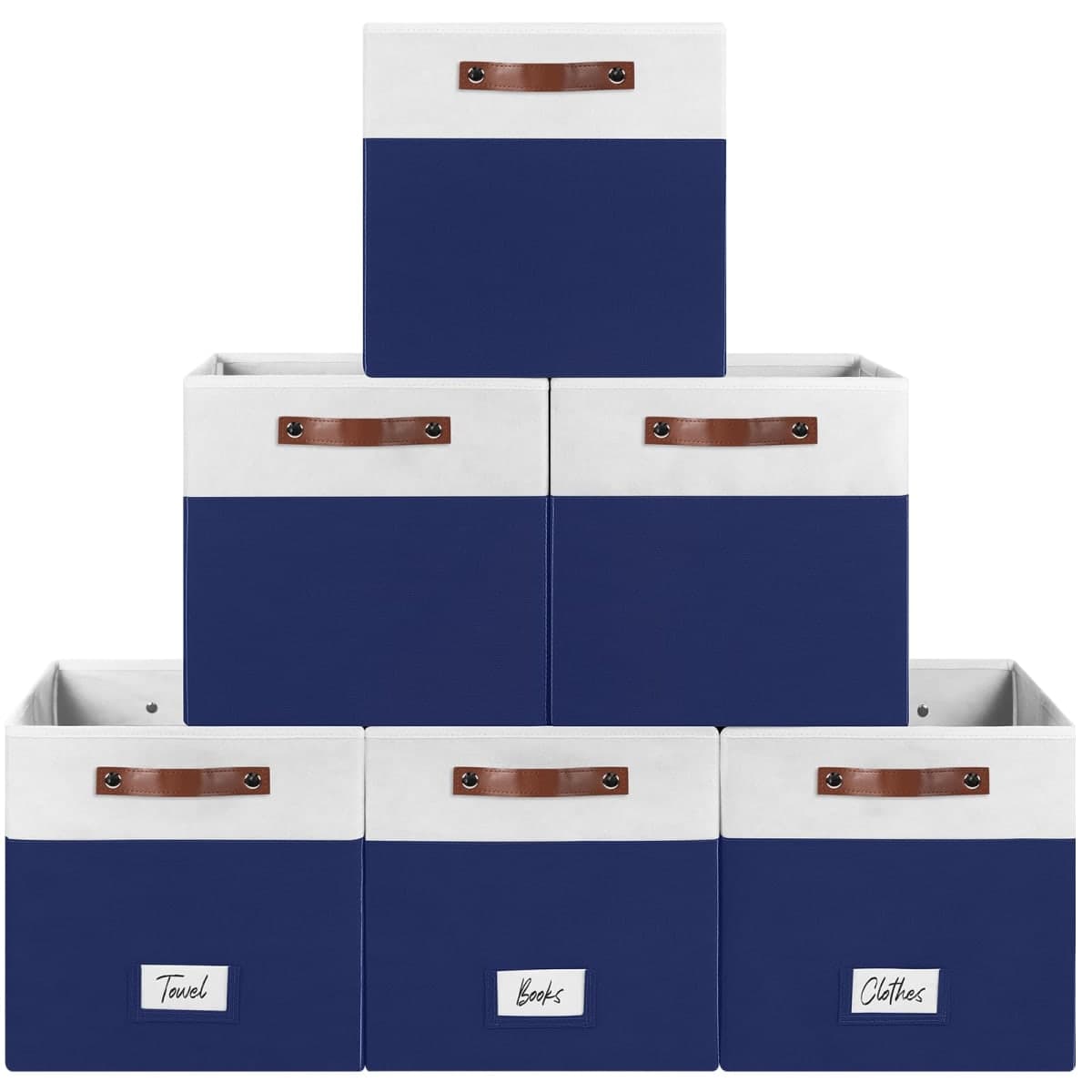 FinishingBo 6 Pack Fabric Storage Cubes with Handles & Label Holders, Closet Cube Home Organizer Bins (White/Blue, 13x13 inch)