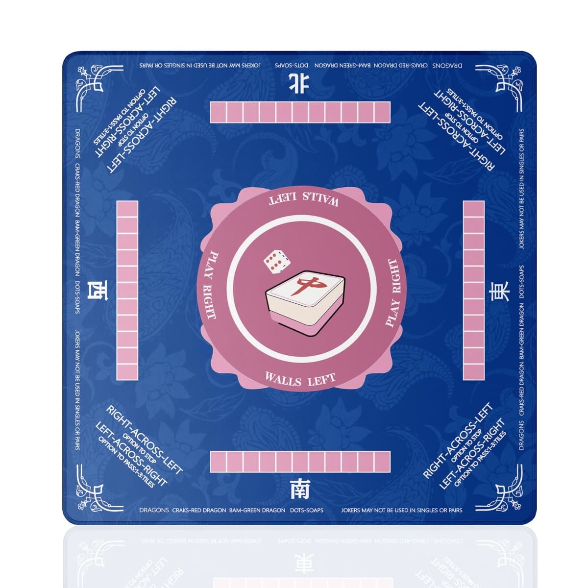 Bule Mahjong Mat 31"x31" - Professional Noise Reducing Rubber Table Game Mat with Charleston info,Chinese Characters, Non-Slip Base & Velvet Bag - for Dominoes, Cards&Board Game