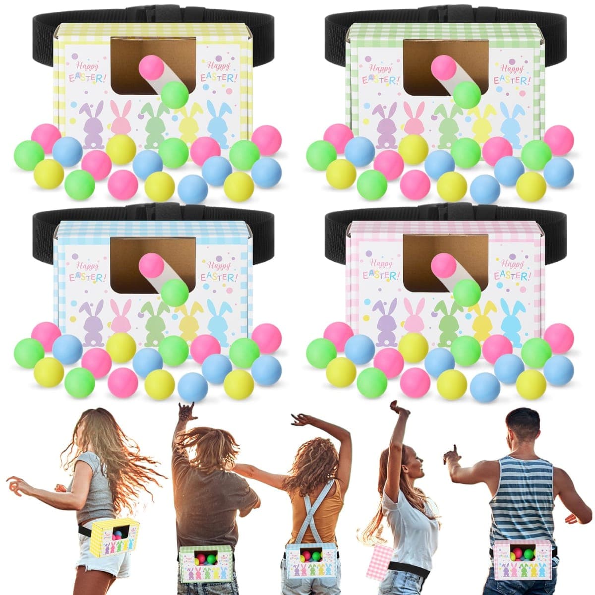 Halloscume 4 Sets Easter Swing Shaking Balls Game Set Colorful Bunny Novelty Twerk Game Includes 40 Balls, Ribbon & Cardboard Boxes Easter Party Games for Family Large Group Spring Party Holiday