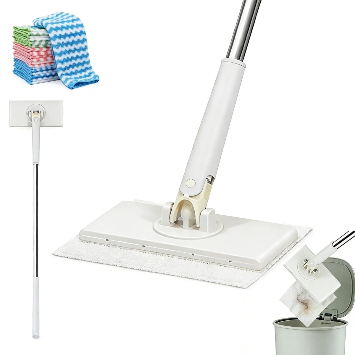 Snap Grip Mini Mop,Cloth Changing Mini Mop,27inch Long Handle Mopping Stick,360° Swivel Head,Dry and Wet Use,Ideal for Tight Corners,Tile and Hardwood(White,6 Reusable Cloth)