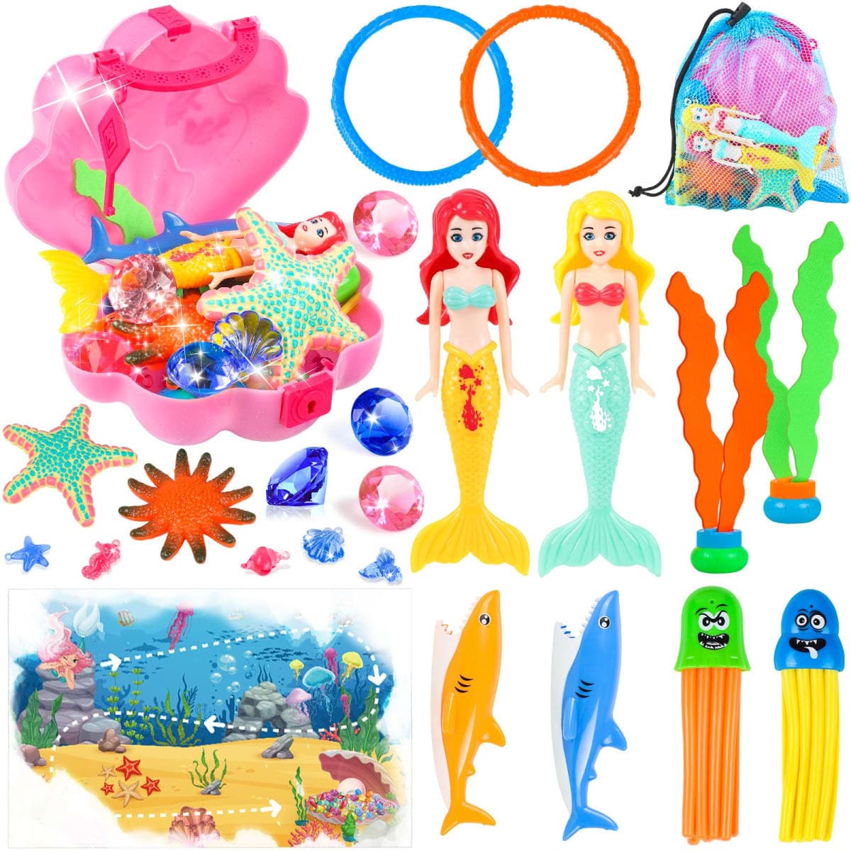 HUUIDY Pool Toys Swimming Diving Toys Set for Kids Upgraded Shell Treasure Chest Pool Mermaid with Storage Bag Pool Game Summer Beach Water Birthday Party Gift (Shell Box)