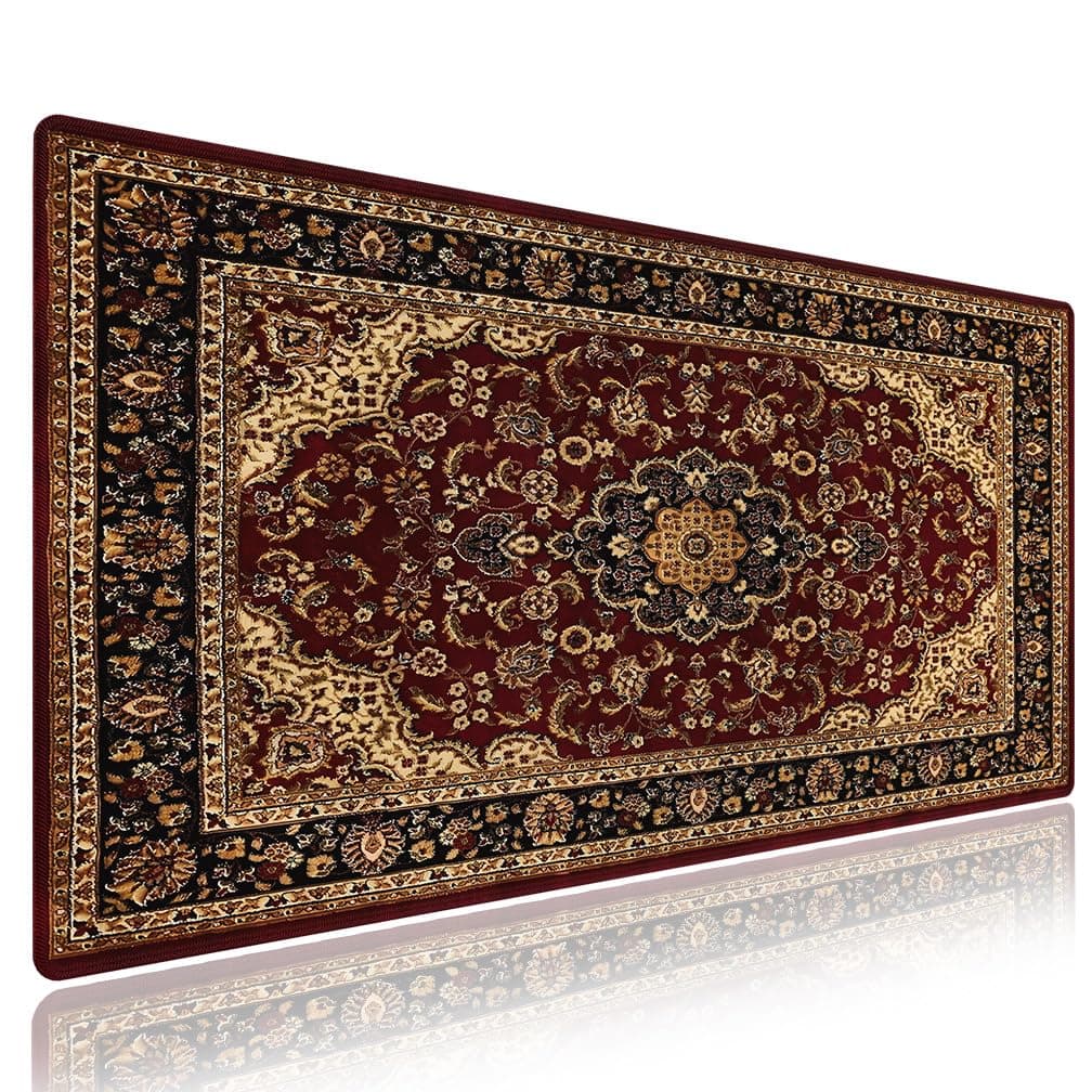 knseva. Large Gaming Mouse Pad with Stitched Edges - Vintage Oriental Persian Floral, Retro Classic Flowers Design Red Black Beige, Anti-Slip Rubber Base & Smooth Fabric Surface XXL Extended Desk Mat