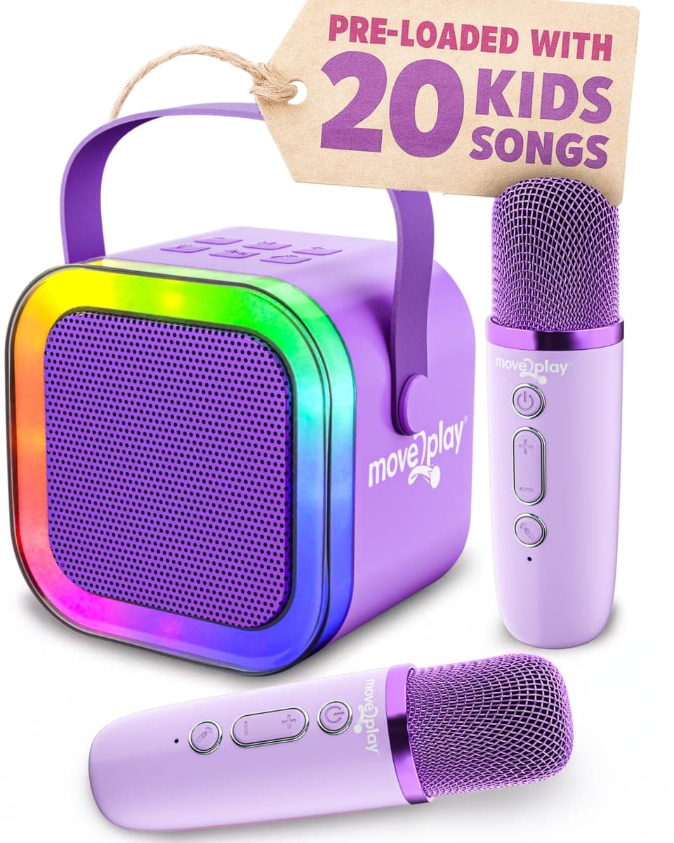 Move2Play, Karaoke Machine for Kids | Includes 20+ Kid Songs | 2 Microphones | Connect with Bluetooth | 3, 4, 5, 6, 7+ Year Old Gift | Toy for Girls, Boys, & Toddler | Birthday Present