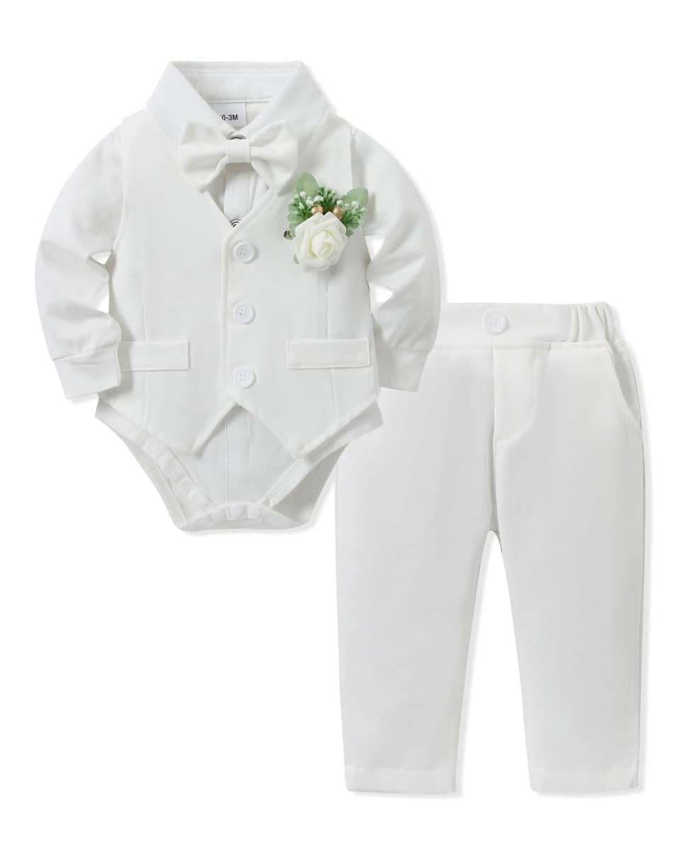 SANMIO Baby Boy Clothes Suits Infant Gentleman Outfit Collared Dress Shirt+Vest+Tie+Corsage+Pants 5Pcs Baby Suit Sets, Apricot+green, 6-12 Months