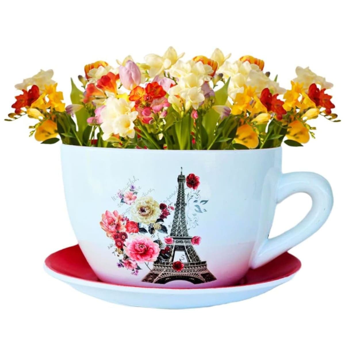 hadaaya 7.5" Ceramic Teacup Planter Pot with Saucer | Ideal for Succulents, Orchids, Herbs & Flowers | Indoor & Outdoor Use for Mother's Day - RED - Paris Eiffel Tower