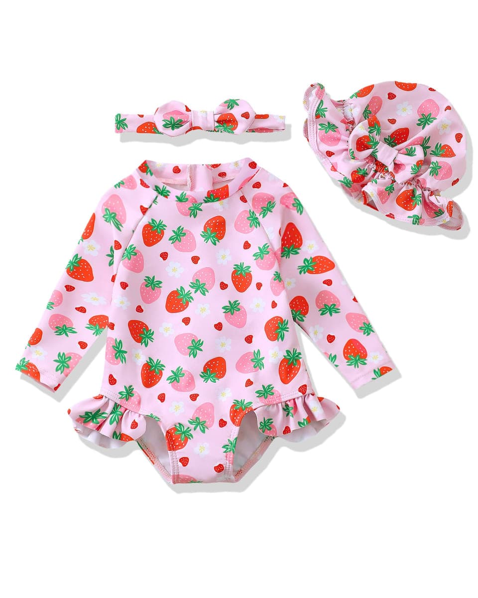 Baby Girl Swimsuit Long Sleeve One-Piece Swimwear with Hat Rash Guard Ruffle Floral Zipper Beach Infant Bathing Suit, Pink Strawberry, 12-18 Months