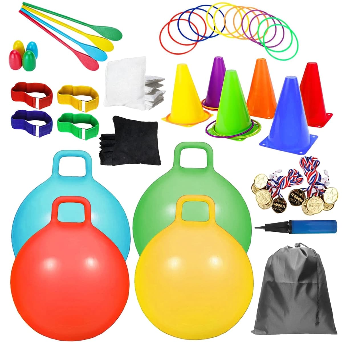 58PCS Carnival Outdoor Games Combo Set,17.7IN Hopper Balls with Handle,Egg Spoon Relay Race,Soft Plastic Cones Bean Bags Ring Toss Game,3 Legged Race for Family Reunion Outside Field Day Easter Games