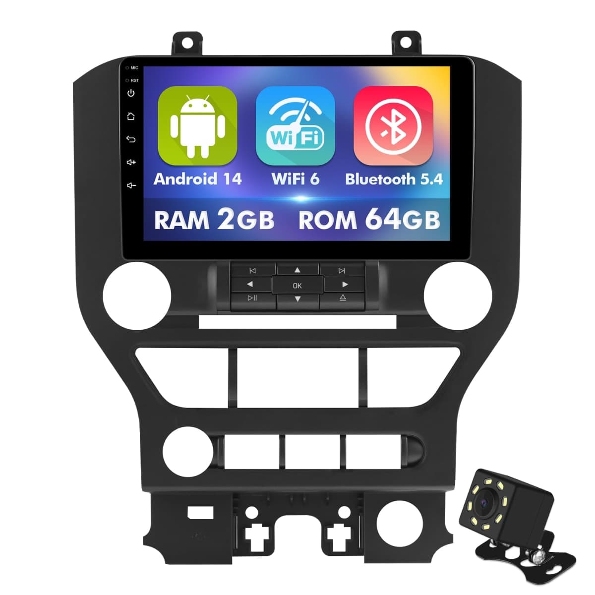 9 Inch IPS Touchscreen Android 14 Car Stereo for Ford Mustang 2015-2020 with Wireless CarPlay & Android Auto 2+64GB Car Radio, Support GPS, WiFi 6, Bluetooth,5.4, Backup Camera, SWC, Dual USB