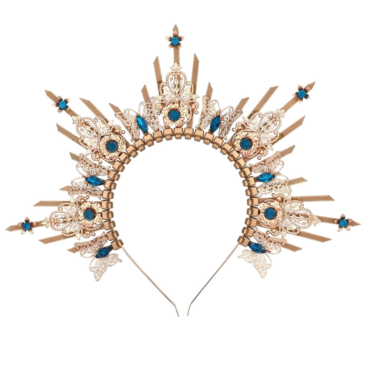 COSUCOS Queen Halo Crown Headpiece - Zip Tie Spiked Hairband Sun Goddess Headband Virgin Mary Headpiece Women Wedding Photoshoot Costume with Butterfly Blue Rhinestones Headdress Renaissance