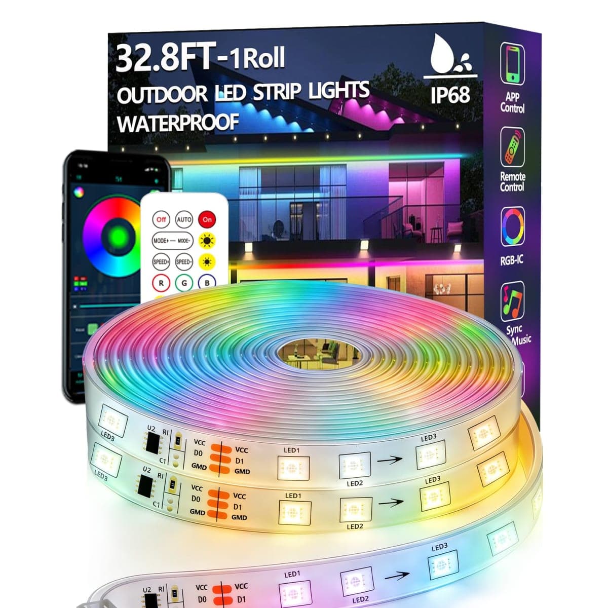 32.8FT Outdoor LED Strip Lights Waterproof,IP68 Outside RGB+IC Light Strip with App/Remote Control,Chase Mode,Music Sync Rope Light for Balcony,Deck,Rooftop,Garden,Pool