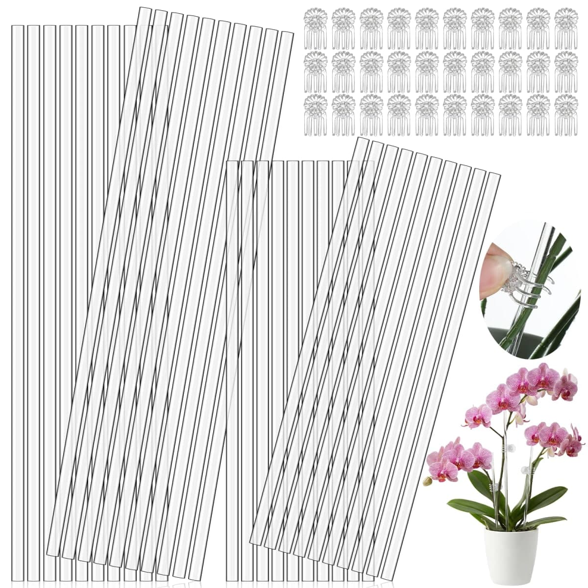 AOZUO 50 Pcs Acrylic Plant Stakes, 11 & 16 Inch Acrylic Plant Stakes with 60 Clips Clear Plants Support Stakes Kit Reusable Garden Orchid Stake for Indoor and Outdoor Potted Plants Vegetables Flowers