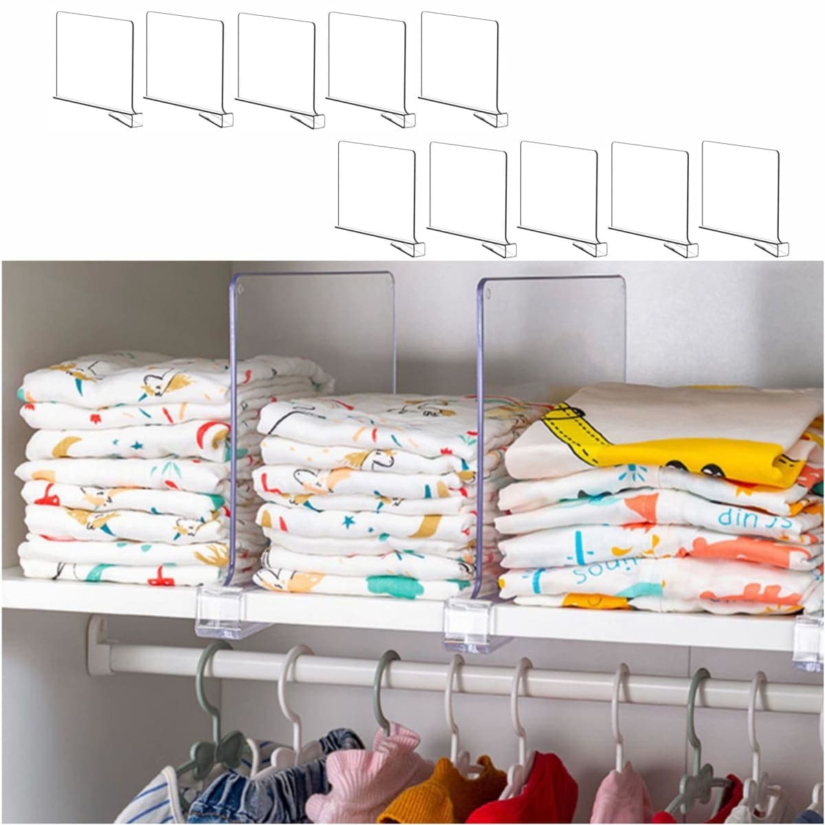 Yieach 10 Pack Clear Acrylic Shelf Divider for Closet Organization - 9.2″ Tall Closet Dividers for Wood Shelves,Cupboard,Vertical Shelf Separators in Closet for T-Shirt,Purse,Handbag,Sweater Organizer