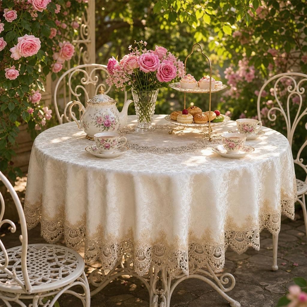 ARTABLE Light Brown Lace Round Tablecloth Macrame Embroidered 90 Inch