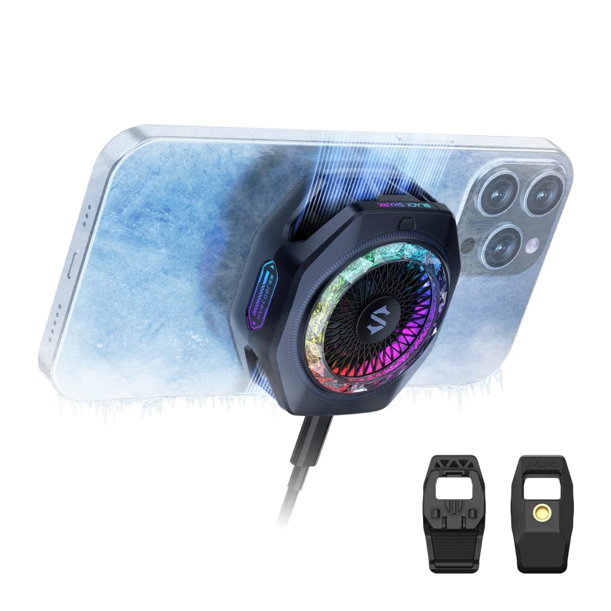 Black Shark 5 Pro Magnetic Phone Cooler - 18 RGB LED Addressable Detachable Handle, App Controlled Thermostatic Fan for iPhone MagSafe/Android/iPad - Game/Streaming