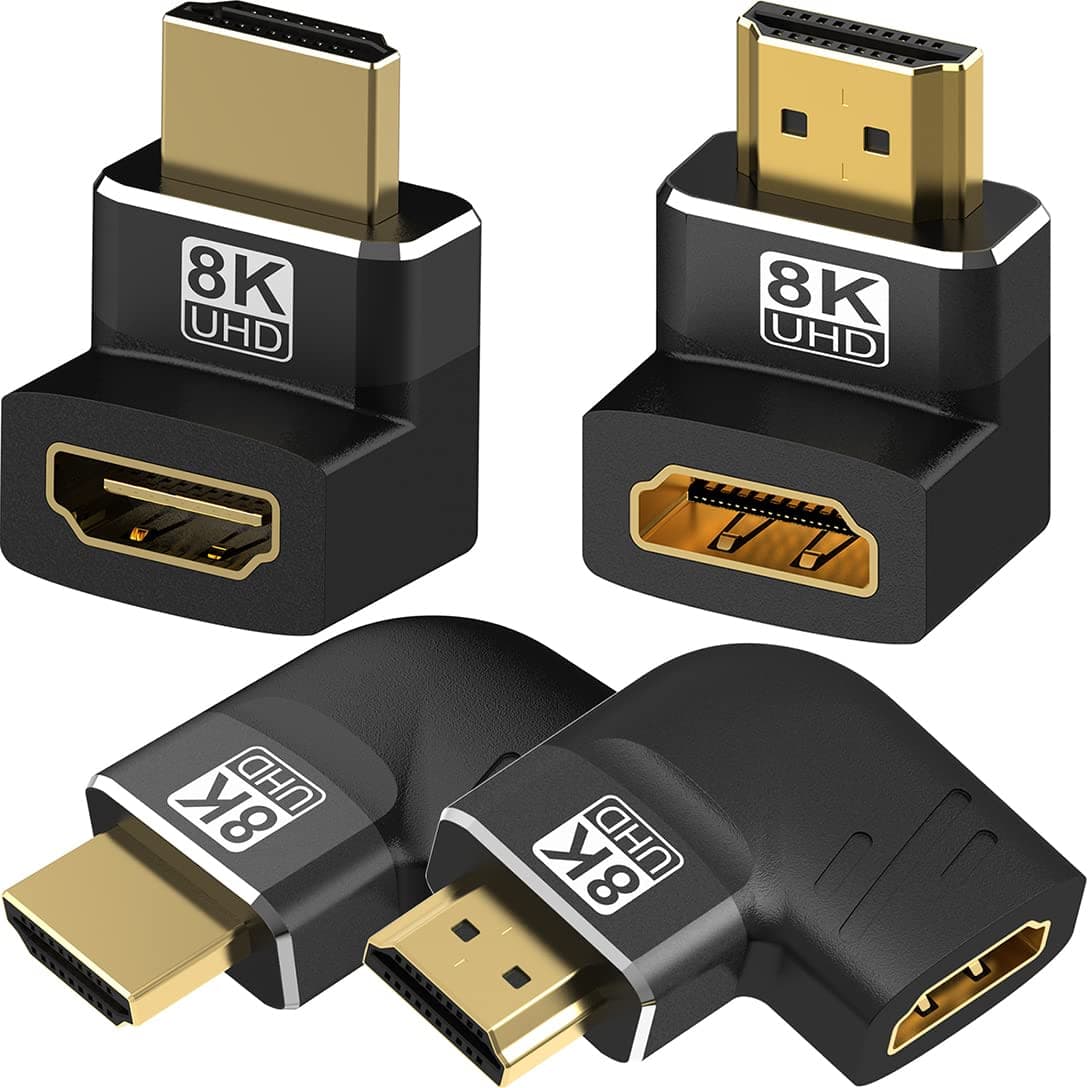 Warmstor 8K HDMI Adapter Right Angle 4 Pack, HDMI 2.1 Male to Female Adapters Up Down Left Right 270 90 Degree Adapter Gold Plated Support 8K@60Hz, 4K@120Hz, HDR, eARC for HDTV Switch Laptop PS4 PS5