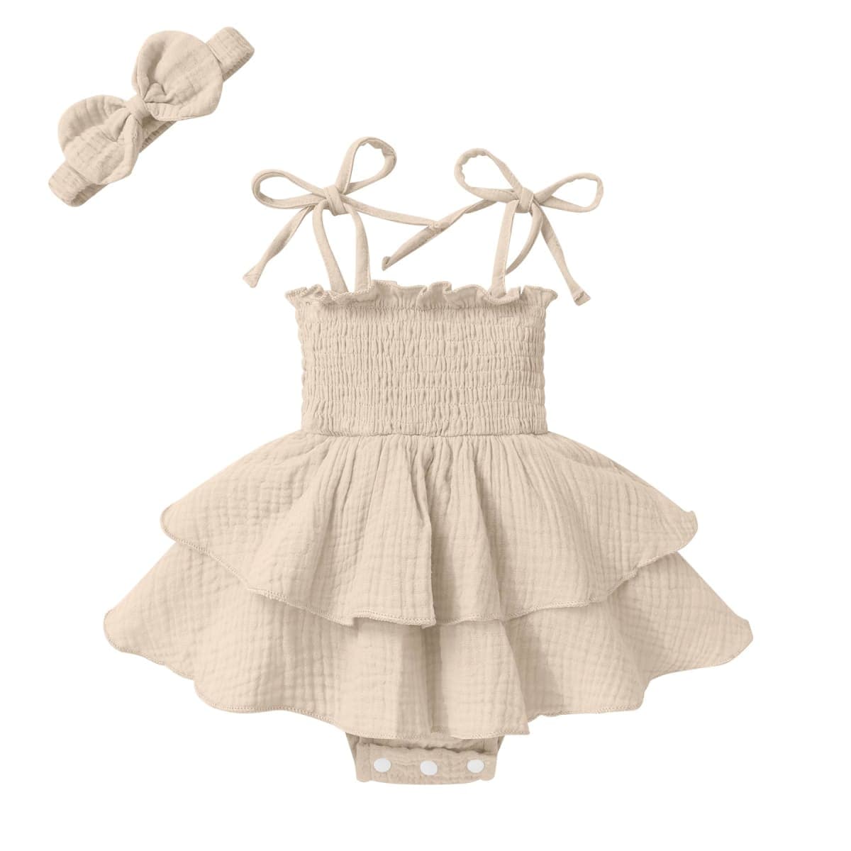 YOUNGER TREE Baby Girl Clothes Infant Summer Romper Dress Sleeveless Bodysuit Jumpsuit with Headband Toddler Outfits, Apricot, 12-18 Months