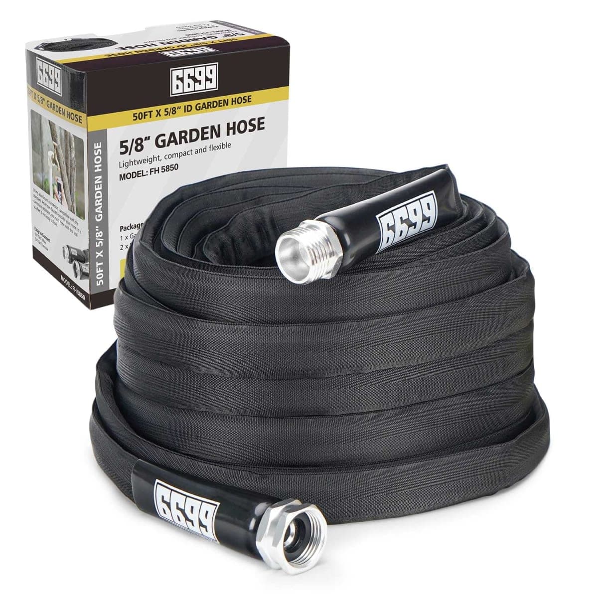 6699 Garden Hose 50FT x 5/8” Flexible Lightweight Garden Flat Water Pipe with 3/4”Solid Fittings for Watering Flowers/Lawns Car Wash Pet Washing