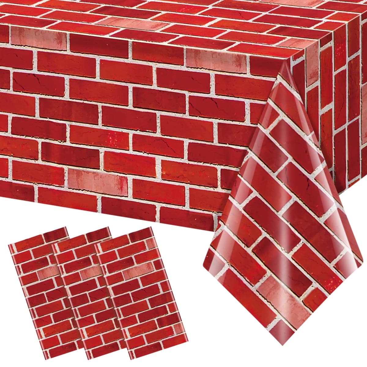 3 Pack 108x54 inch Red Brick Tablecloth,Brick Wall Backdrop Wallpaper Disposable Plastic Rectangular Table Covers Background for School Home Birthday Holiday Halloween Christmas Party Decorations