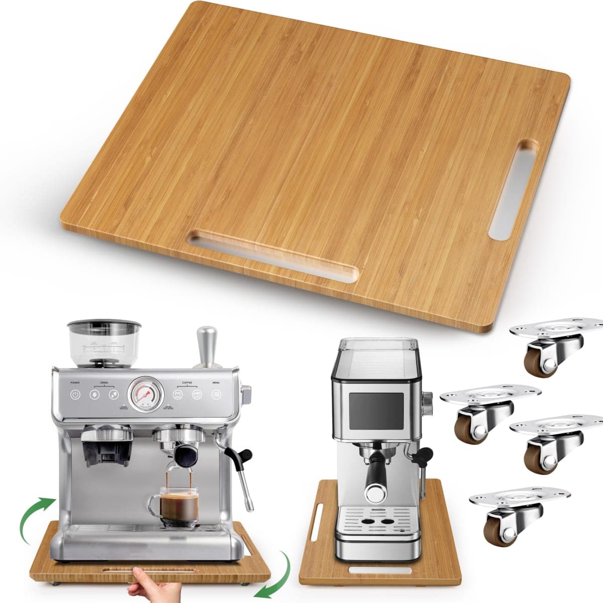 Joy&Grace Appliance Slider for Kitchen Appliances 360° Rolling Sliding Tray for Coffee Maker Countertop, Bamboo Coffee Pot Slider Rolling Tray with Universal Rollers (Natural, Large 40.5 x 33 cm)