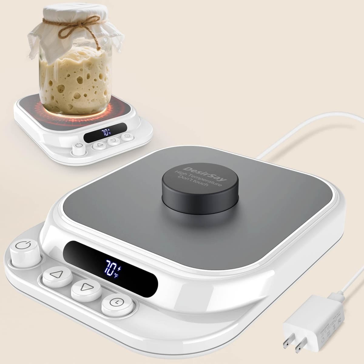 DesirSay Sourdough Starter Warmer,1℉ Precise Temperature Control(70-130℉),24H Timer,Compatible with Flat/Concave Jar Bottom for Home Baking