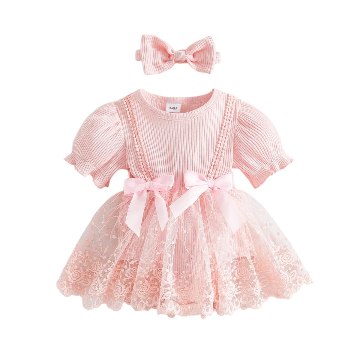 Douhoow Baby Girl Lace Dress Short Sleeve Baby Romper Dress Flowers Mesh Infant Girl Summer Clothes with Headband, Pink, 0-3 Months