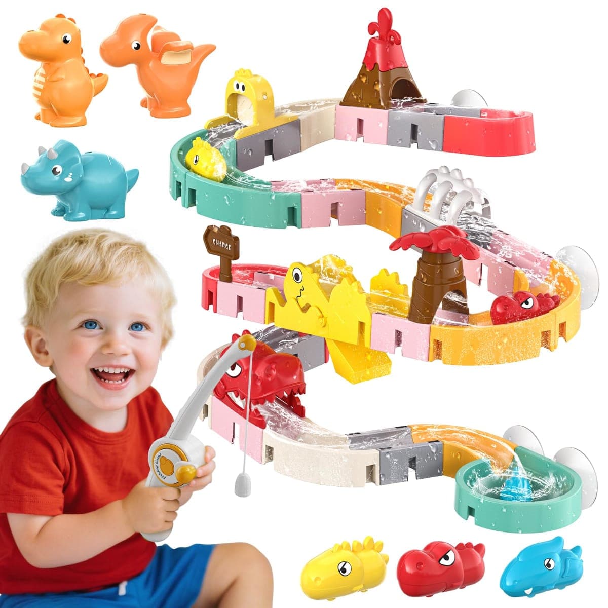 Dinosaur Bath Toys with Track & Fishing Rod – 47PCS Wall Suction Slide Playset for Toddlers, DIY Water Race Track with 6 Dino Toys, Bathtub Fun Gift for Kids Boys Girls Age 3+