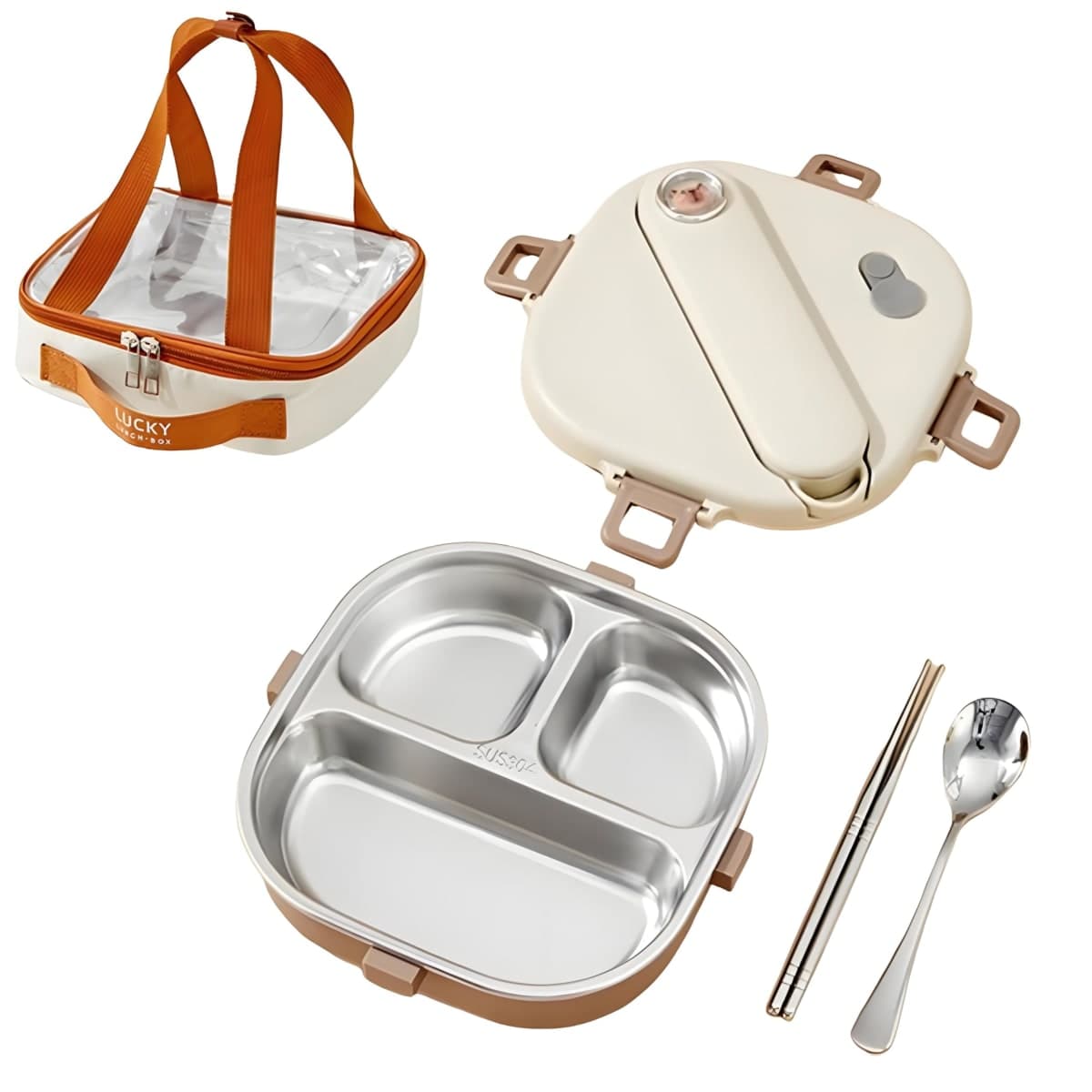 Ausenzup Stainless Steel Bento Box, 800ml Leakproof Lunch Box, Easy To Open And Close, Food Storage Container For Outings, Picnics, And Travels (3 Compartments, + Insulation Bag)