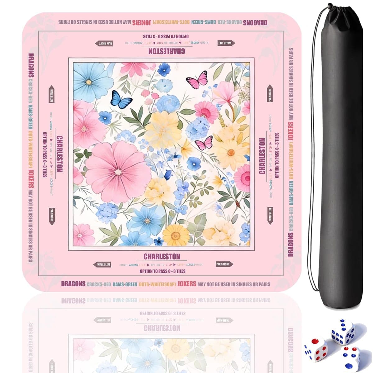 Large Mahjong Mat 33"x33", Quiet Non-Slip Water-Resistant Gaming Table Cover with Rules for American Mahjong, Poker, Board Games & Dominoes, Classic Pink