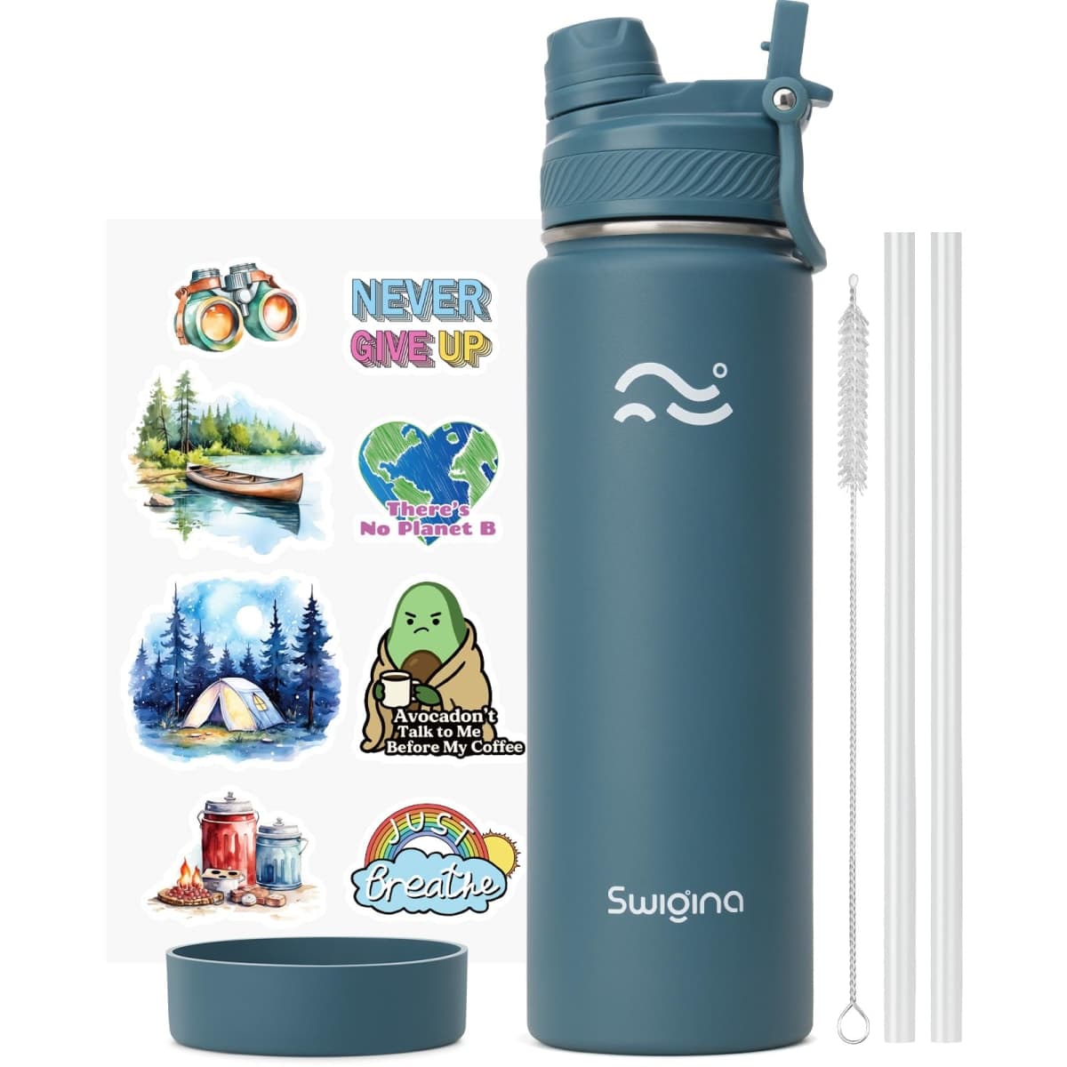 Swigina [2-in-1 LID] Insulated Water Bottle with Silicone Boot (36hrs Cold/18hrs Hot) - DIY Stickers, Leakproof, BPA Free, 24 oz