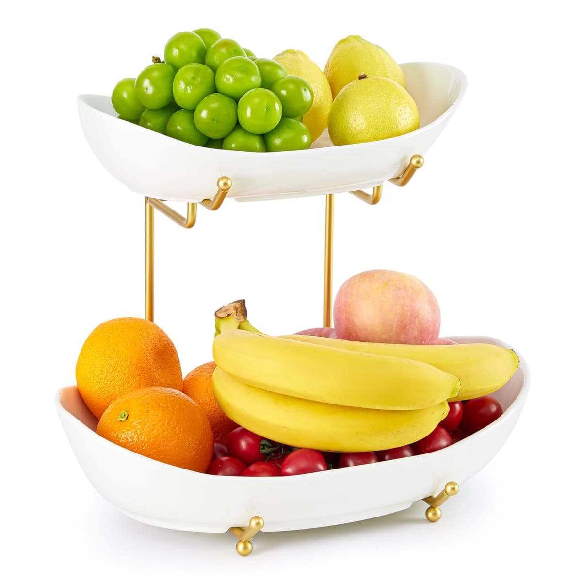 HOMKULA Ceramic Fruit Bowl for Kitchen Counter - 2 Tier Fruit Basket with Metal Stand, Tiered Fruit Stand for Countertop, Snack, Nuts, Cake, Dessert (Gold, Large)