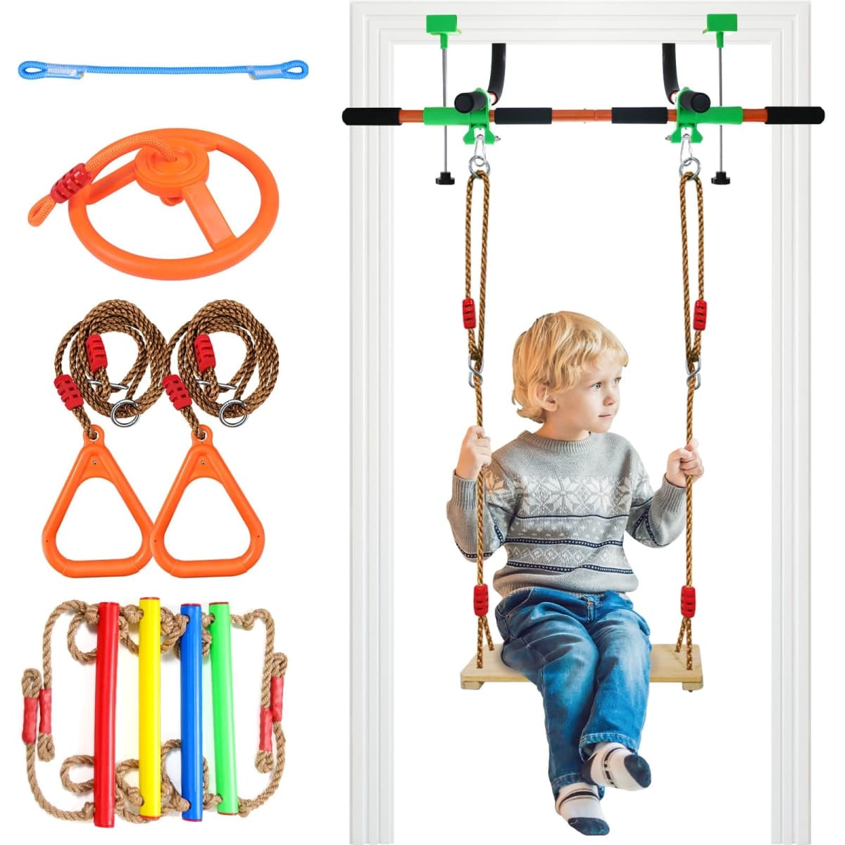 Doorway Swing for Kids & Door Pull Up Bar for Adults - Indoor Kid Swing with 4pcs Accessories - Multi-Function Doorway Gym for Family Fitness & Play (Orange)