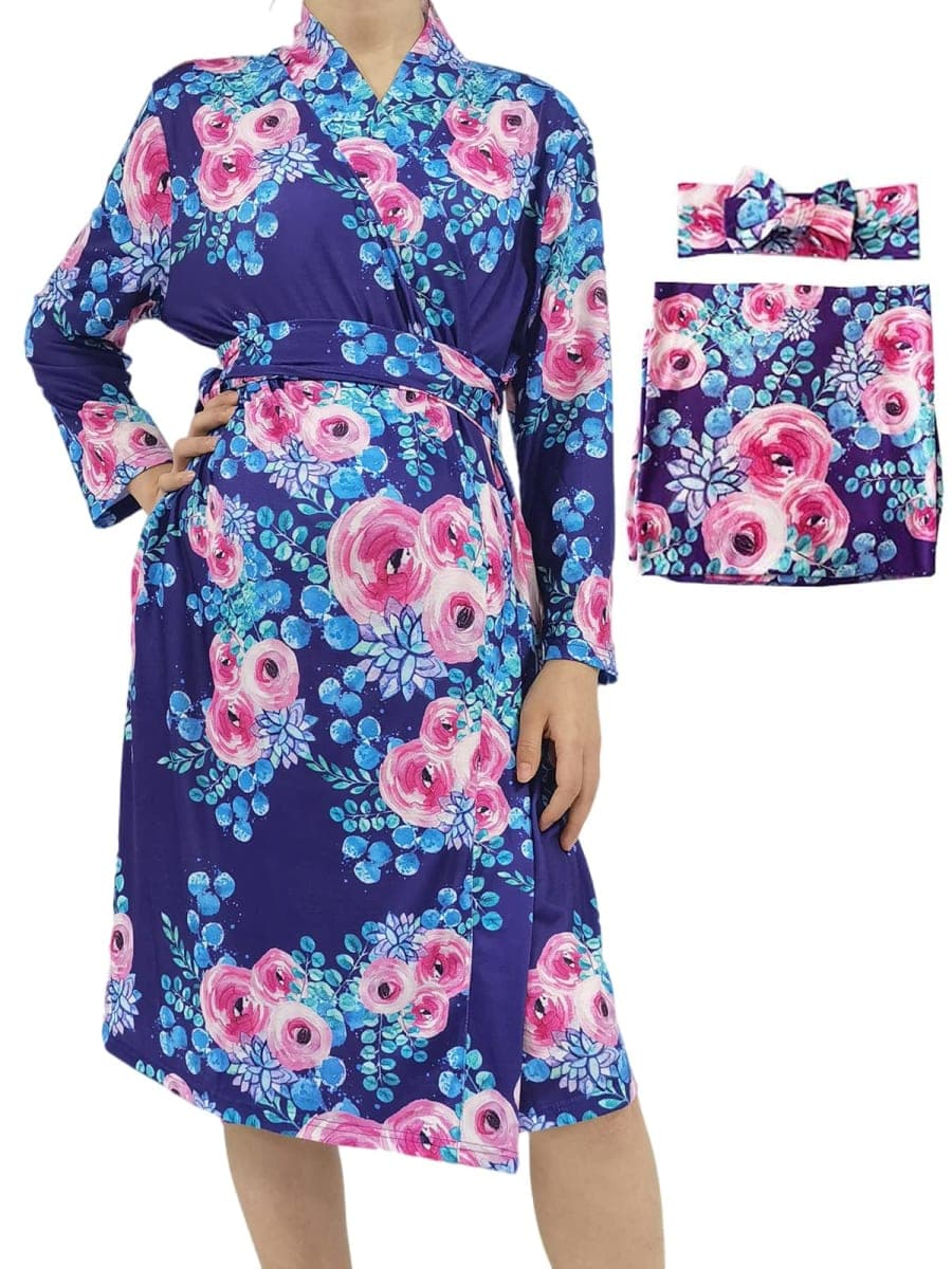SUFEINI Maternity Robe with Matching Swaddle Set, Mommy Me Swaddle Set Maternity Bathrobe Labor Nursing Delivery Gown, B07-purple Flower, Large