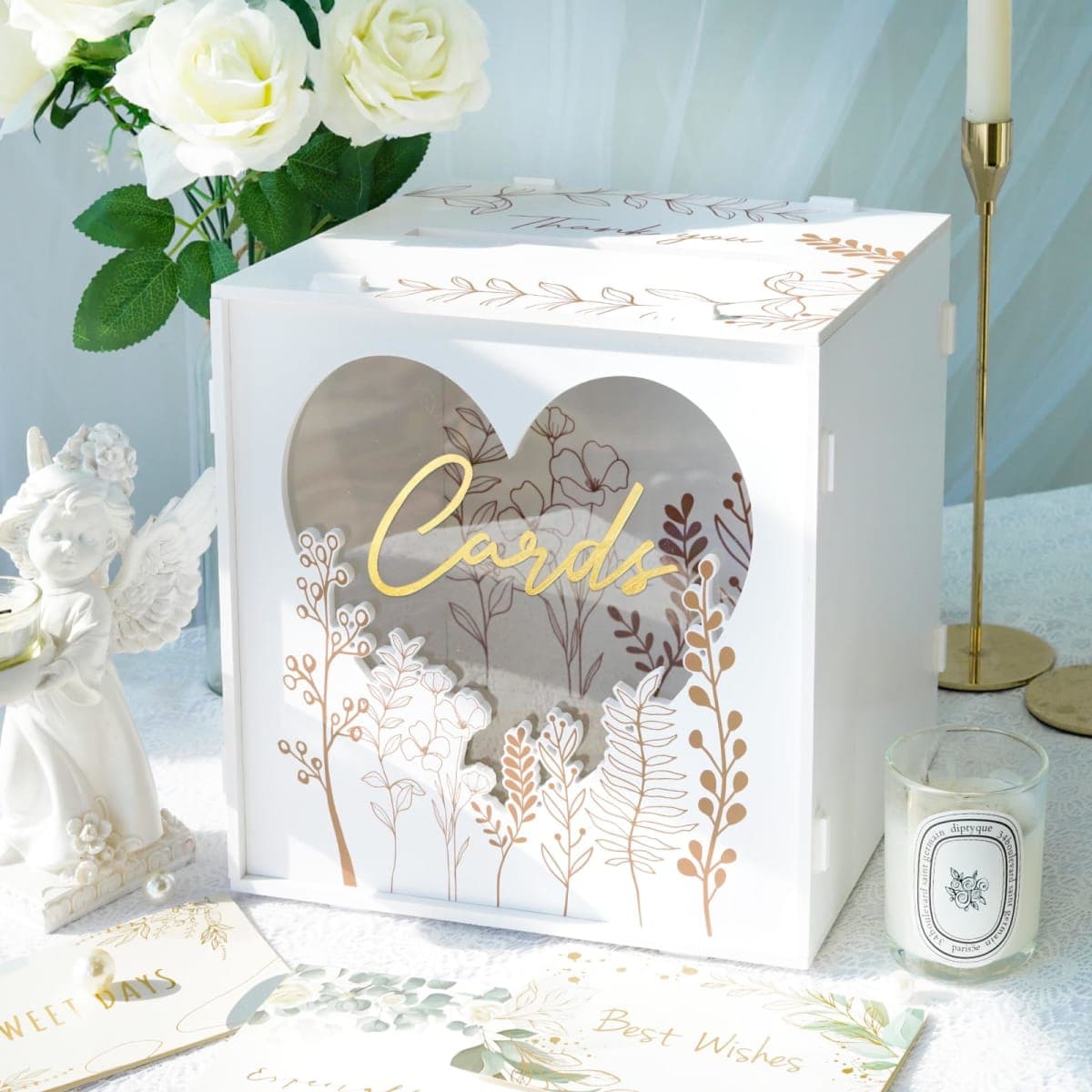 OurWarm PVC White Card Box for Wedding Reception, Large Wedding Envelope Money Cards Box for Party with Heart Acrylic Window, Flower Pattern Gift Card Holder for Graduation Birthday Baby Shower Decor