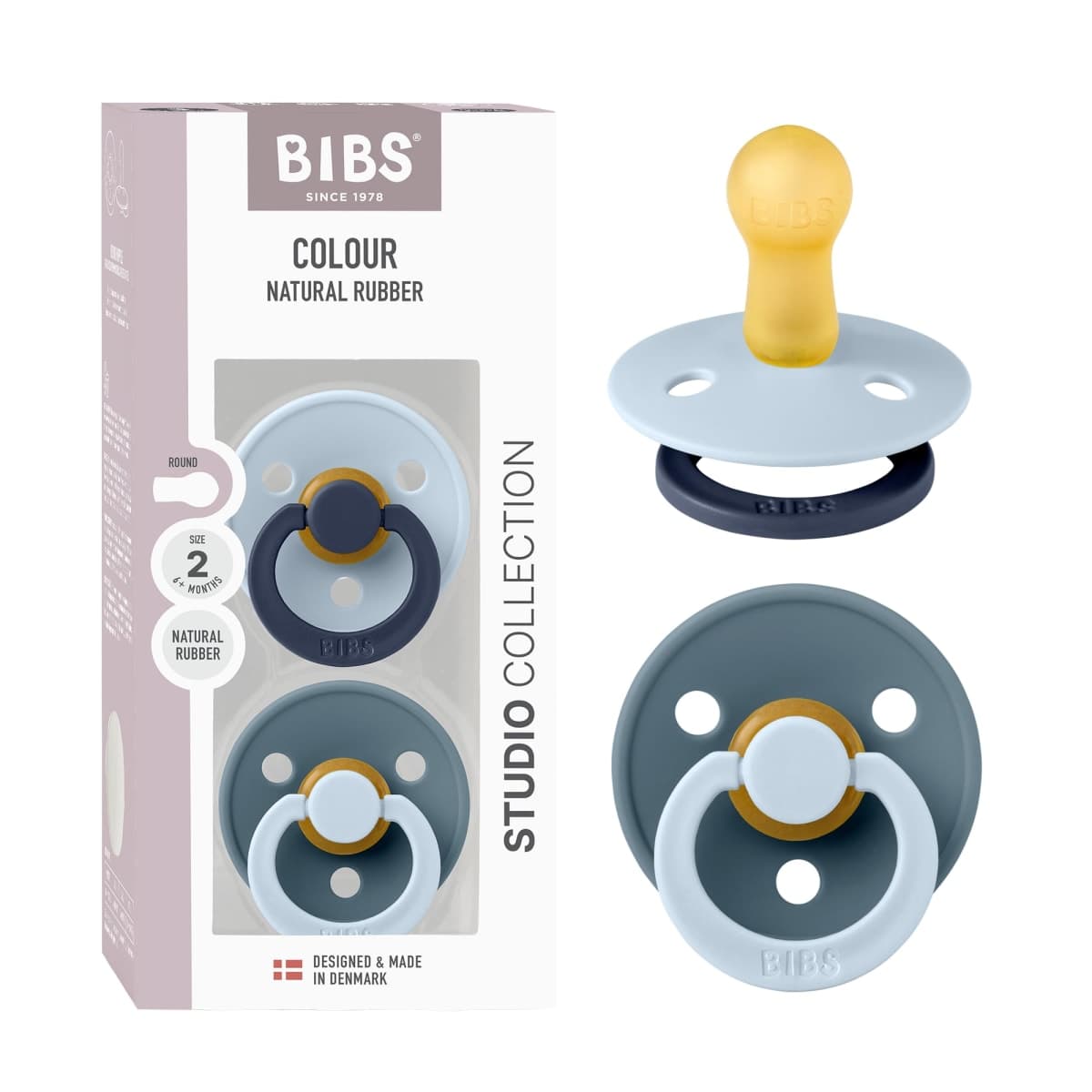BIBS Pacifiers x Studio Fusion Collection | Natural Rubber Baby Pacifier | Set of 2 BPA-Free Latex Soothers | Made in Denmark (Baby Blue/Petrol | 6-18 Months)