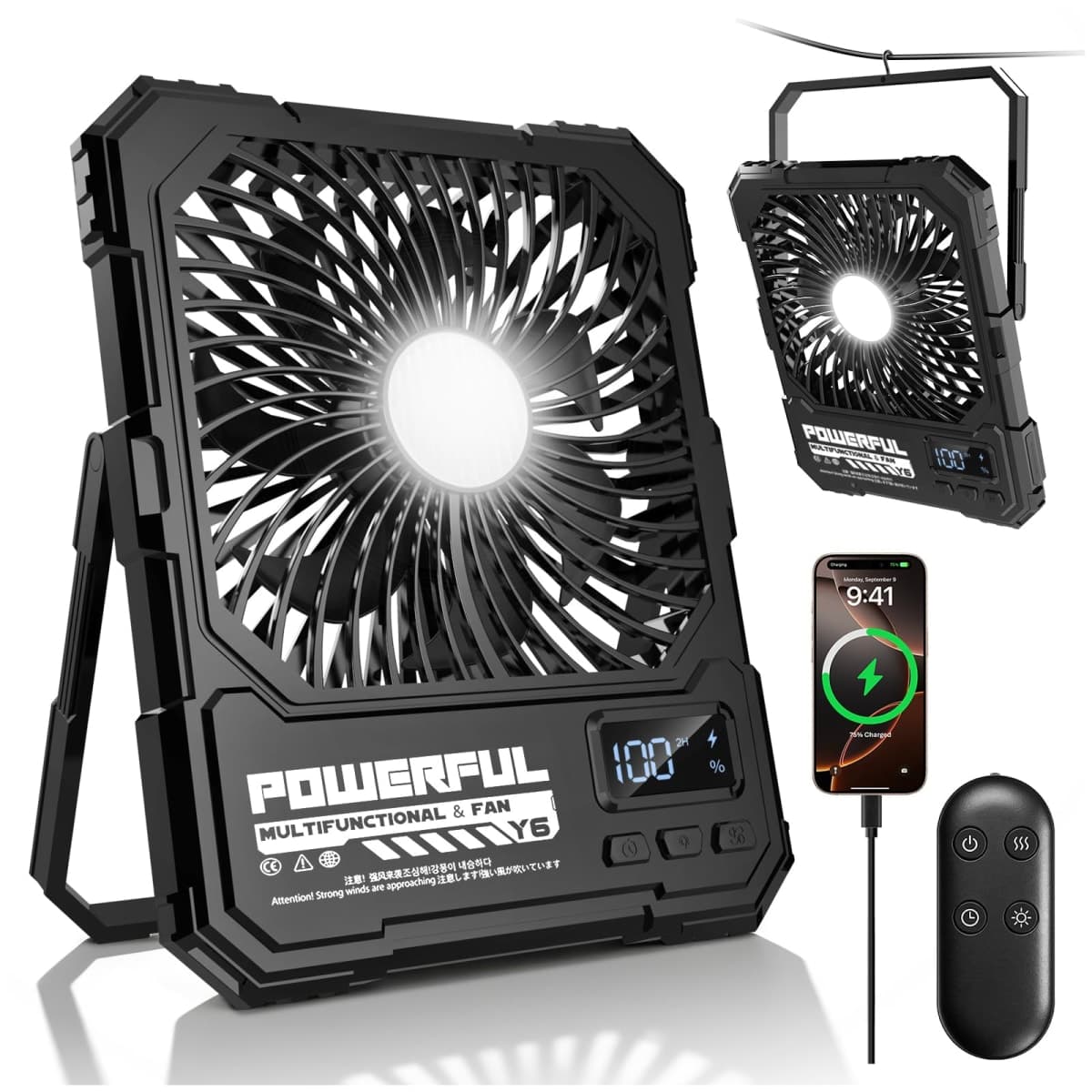 yAyusi 20000mAh Rechargeable Camping Fan, Ultra-Slim 8" Battery Powered Portable Travel Fan with Light&Remote, Maximum Battery Life of 82 Hours, Hook for Tent, Outdoor Home Patio Motorhome Travel