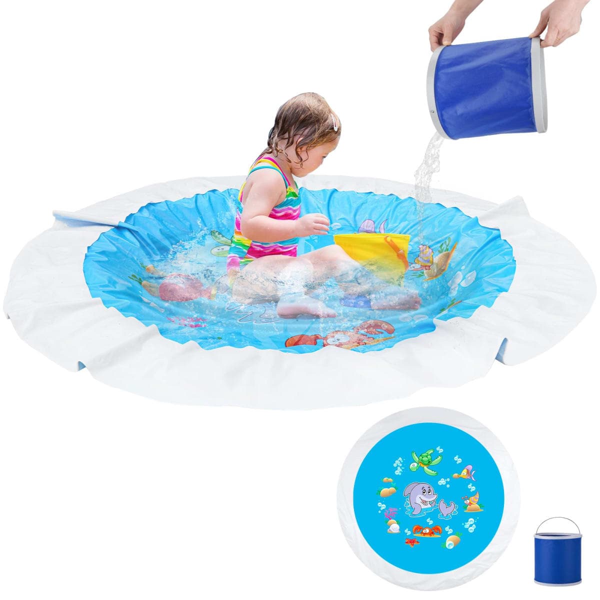 Giveuplay 7.2 X 7.2 Feet Baby Beach Pool，Kiddie Pool and Beach Blanket，2 in 1 Toddler Paddling Pool，Beach Toys for Infant Kids Boys and Girls with Portable Water Bag 9L