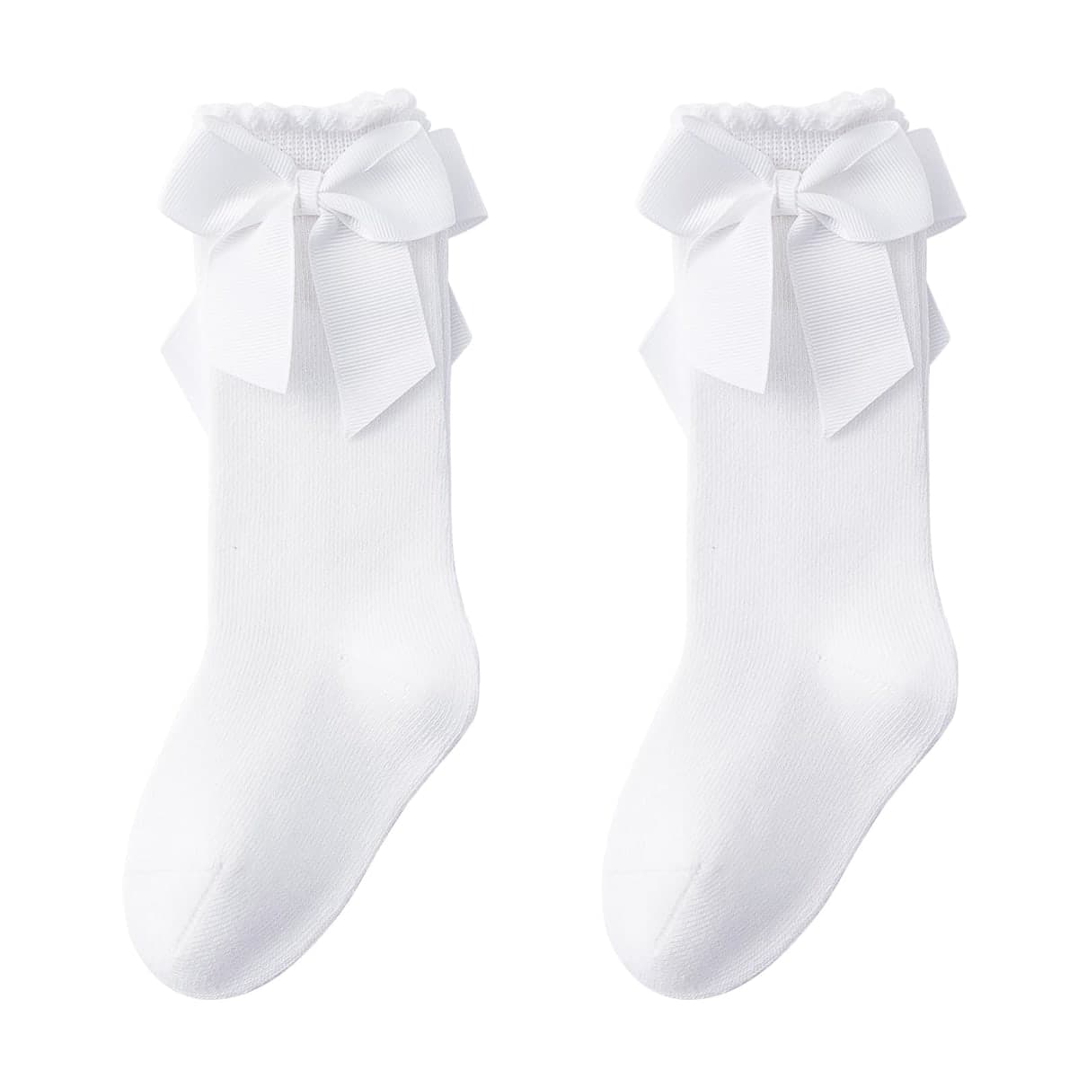 Baby Knee High Socks Toddler Long Socks Girls Bow Ruffled Knee Socks Cotton Tube Stockings Dress Socks, 2-4 Years (White, 2 Pairs)
