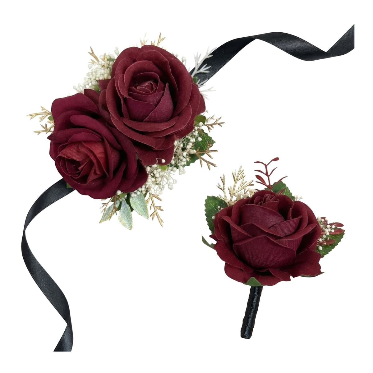 DESUNESS Burgundy Rose Corsage and Boutonniere Set with Baby's Breath for Wedding Flower Accessories Prom Suit Decorations