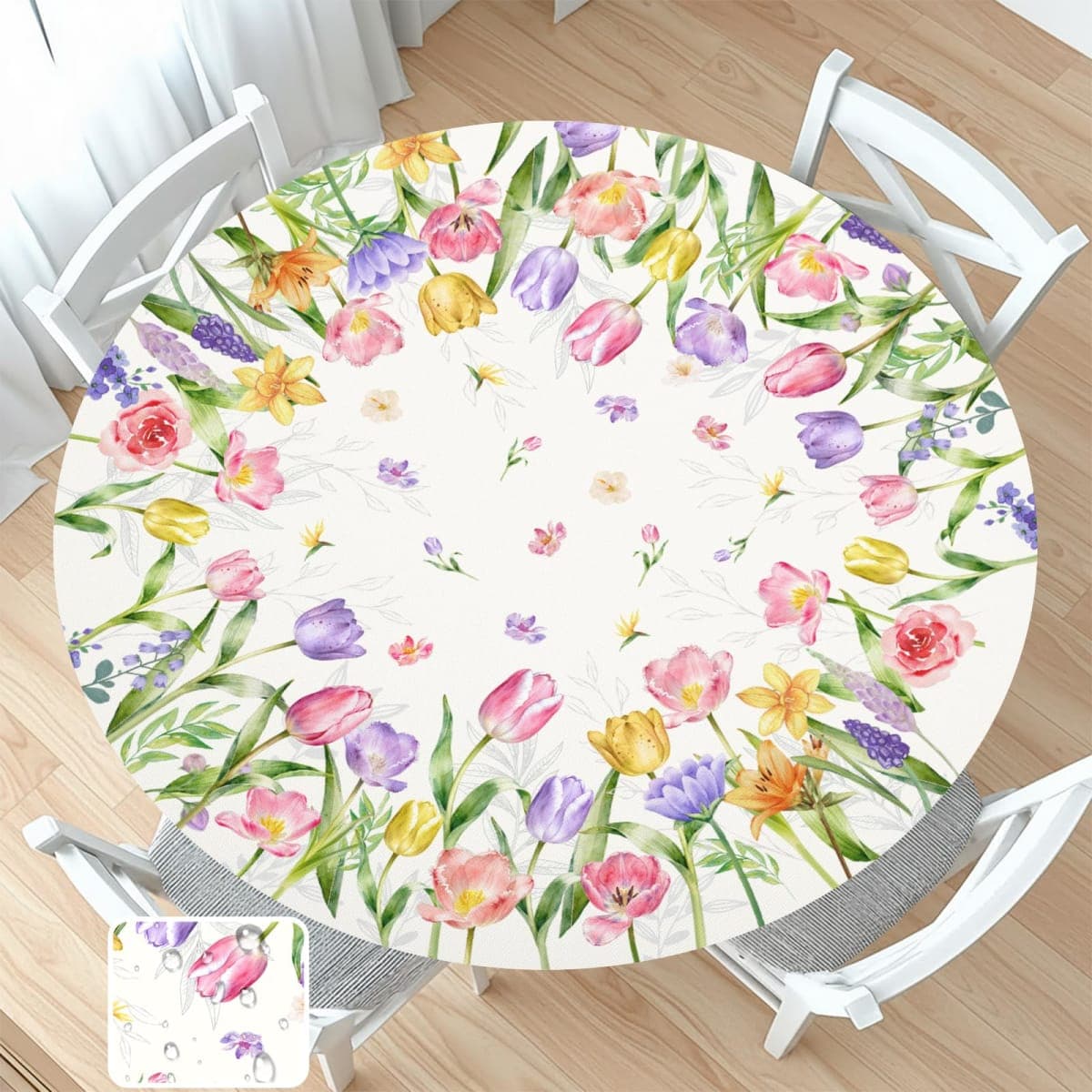 Spring Summer Easter Round Fitted Tablecloth with Elastic Edge Tulip Lavender Floral Circle Table Cloth for 48-52" Tables Wipeable Waterproof Farmhouse Flowers Table Cover for Picnic Dining Outdoor
