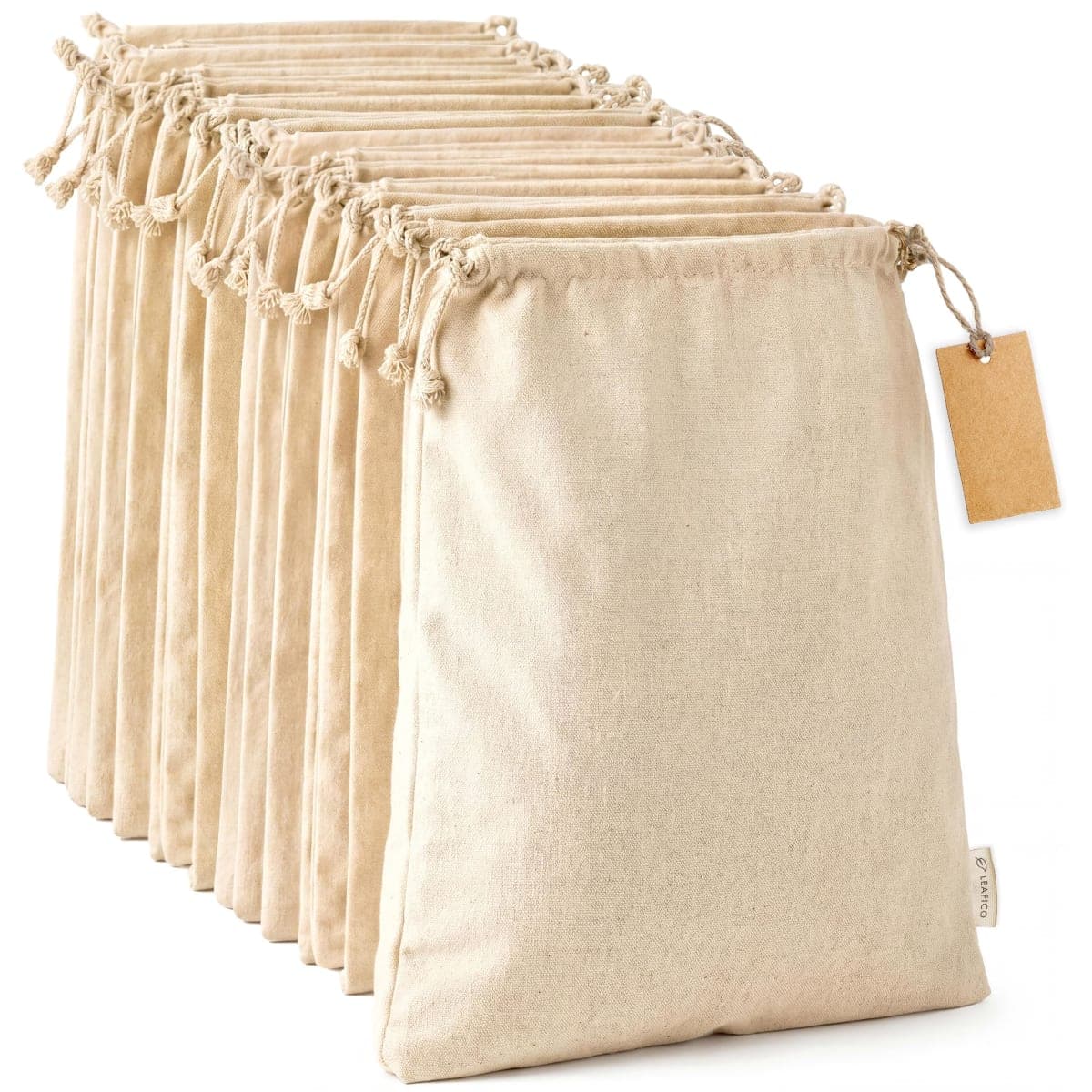Cotton Produce Bags - Large 10x12 Inch - 12 Pcs Multipurpose Eco Cloth Bags - Muslin Bags with Drawstring - Canvas Bags - Vegetable and Bread Bags - Fabric Sachet Bags - Linen Bag by Leafico