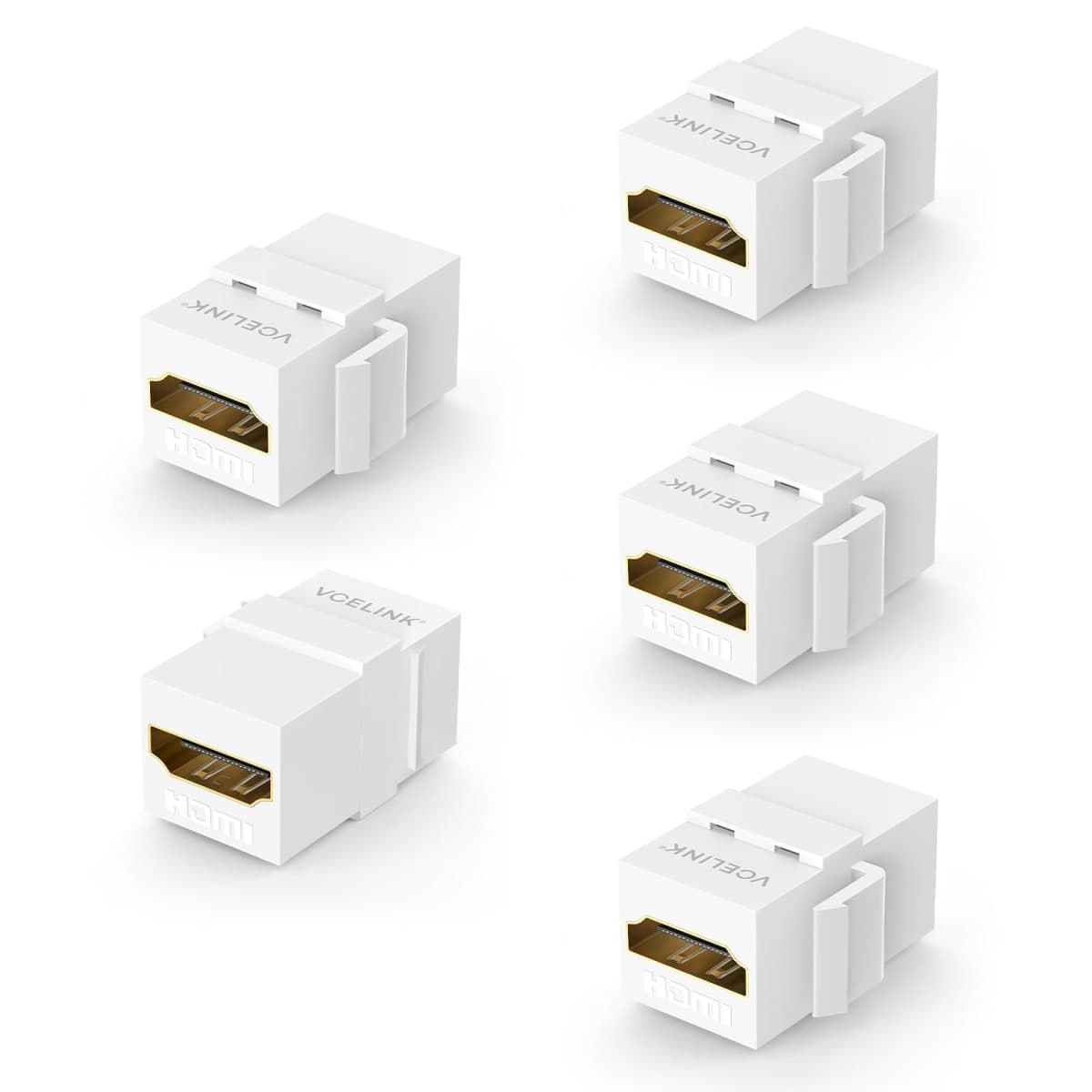 VCELINK 5-Pack 8K HDMI Keystone Jack with 8K 60Hz and 4K 120Hz, HDMI 2.1 Female to Female Adapter 48 Gbps, Snap-in 180 Degree Angle Connector for Wall Plate, White