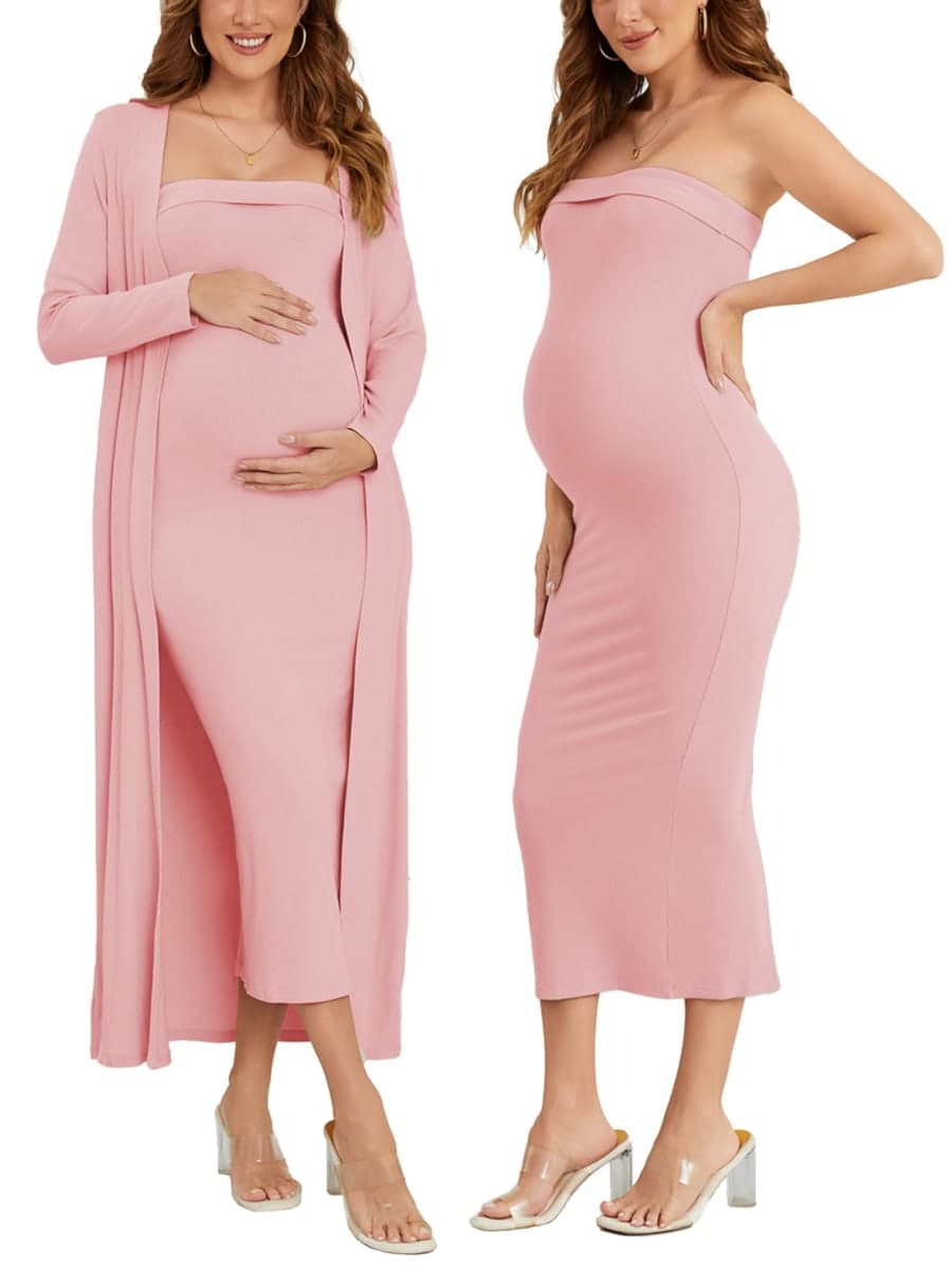 Ecavus Maternity Tube Dress Long Cardigan 2 Piece for Baby Shower and Wedding Guest Ribbed Maternity Photoshoot Dresses, Pink, Small