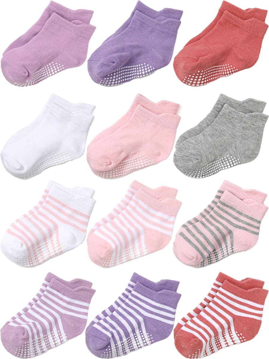 Aroveea Toddler Socks Non Slip Grip Ankle Baby 12 Pack for Kids Boys Girls, Stripe2, 1-3T
