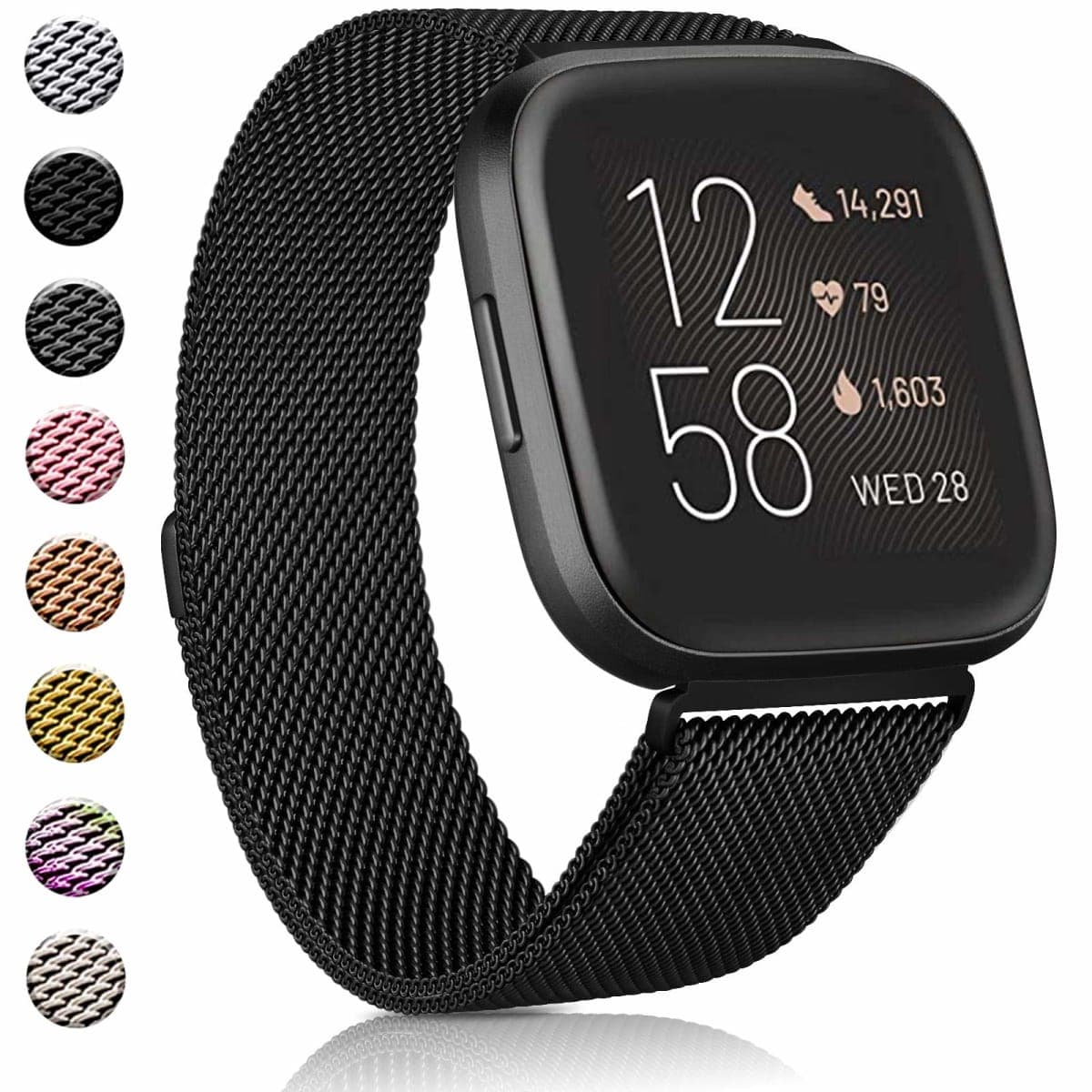 Amzpas Bands Compatible with for Fitbit Versa 2 / Versa SE/Versa Lite/Versa, Breathable Stainless Steel Loop Mesh Magnetic Adjustable Wristbands for Women Men(Large,Black)