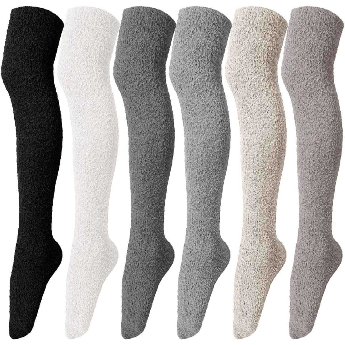 Liitrsh 6 Pairs Women Knee High Fuzzy Socks Soft Long Thigh High Warm stockings Cozy Slipper Plush Socks, Dark Color, 5-10